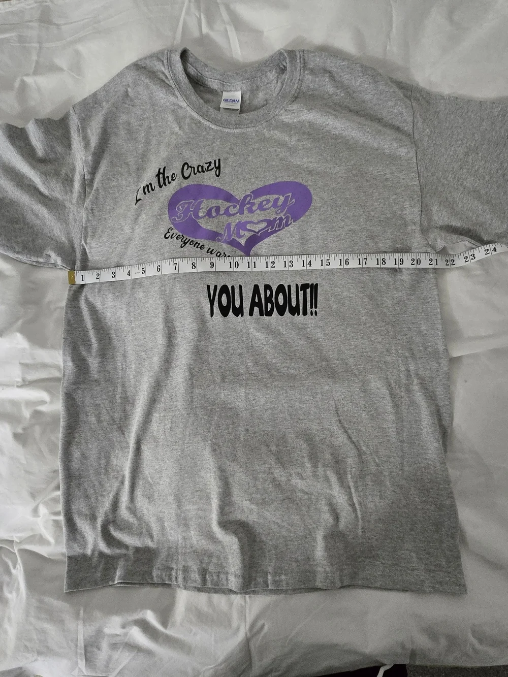 Gildan Gray Short Sleeve Tee with Purple Heart 'Hockey Mom' Graphic - Picture 7 of 7